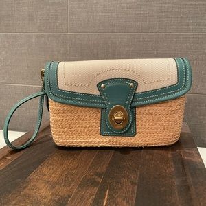 COACH straw clutch with wrist strap and brass clasp
